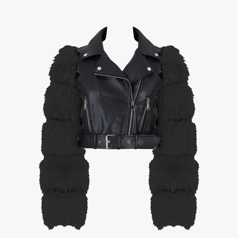 Sissy Boy Womens Faux Leather Biker Jacket Faux Fur Sleeve Black | Sissy Boy