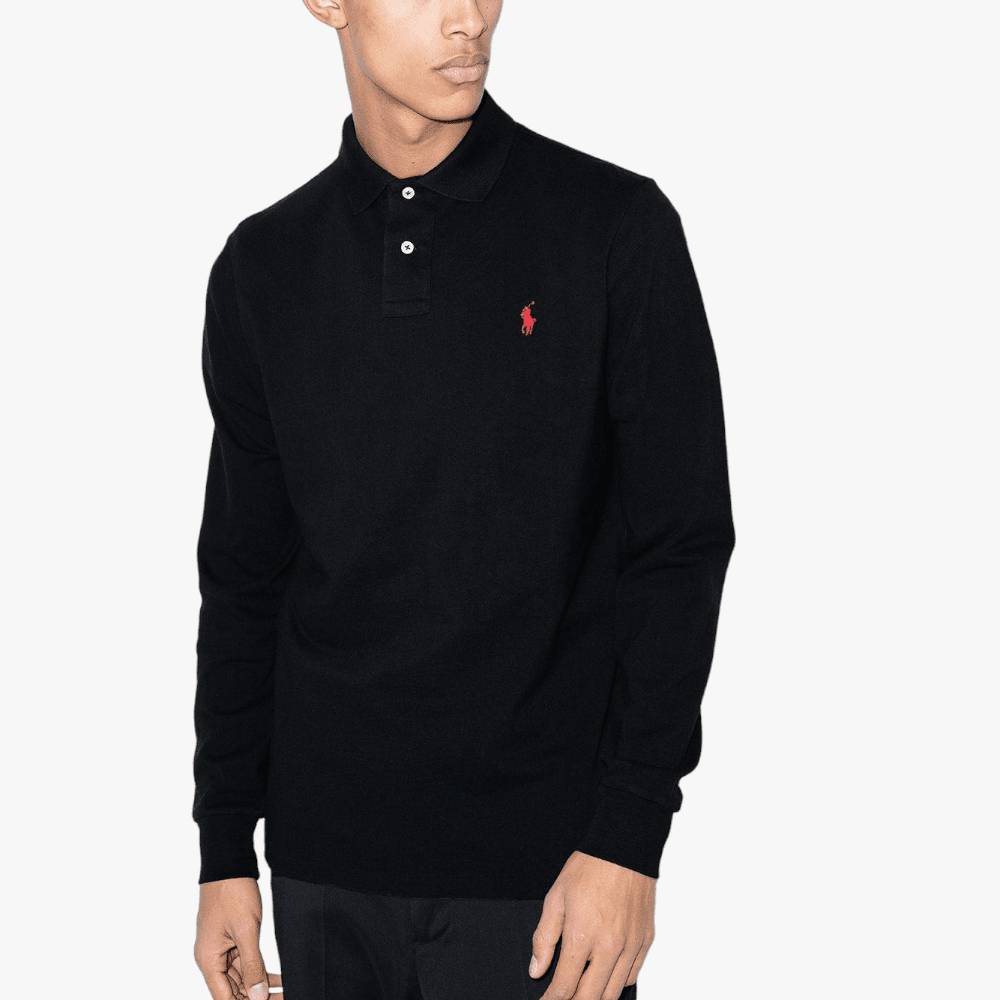 Polo Mens Plain Pique Long Sleeve Golfer Black | Polo