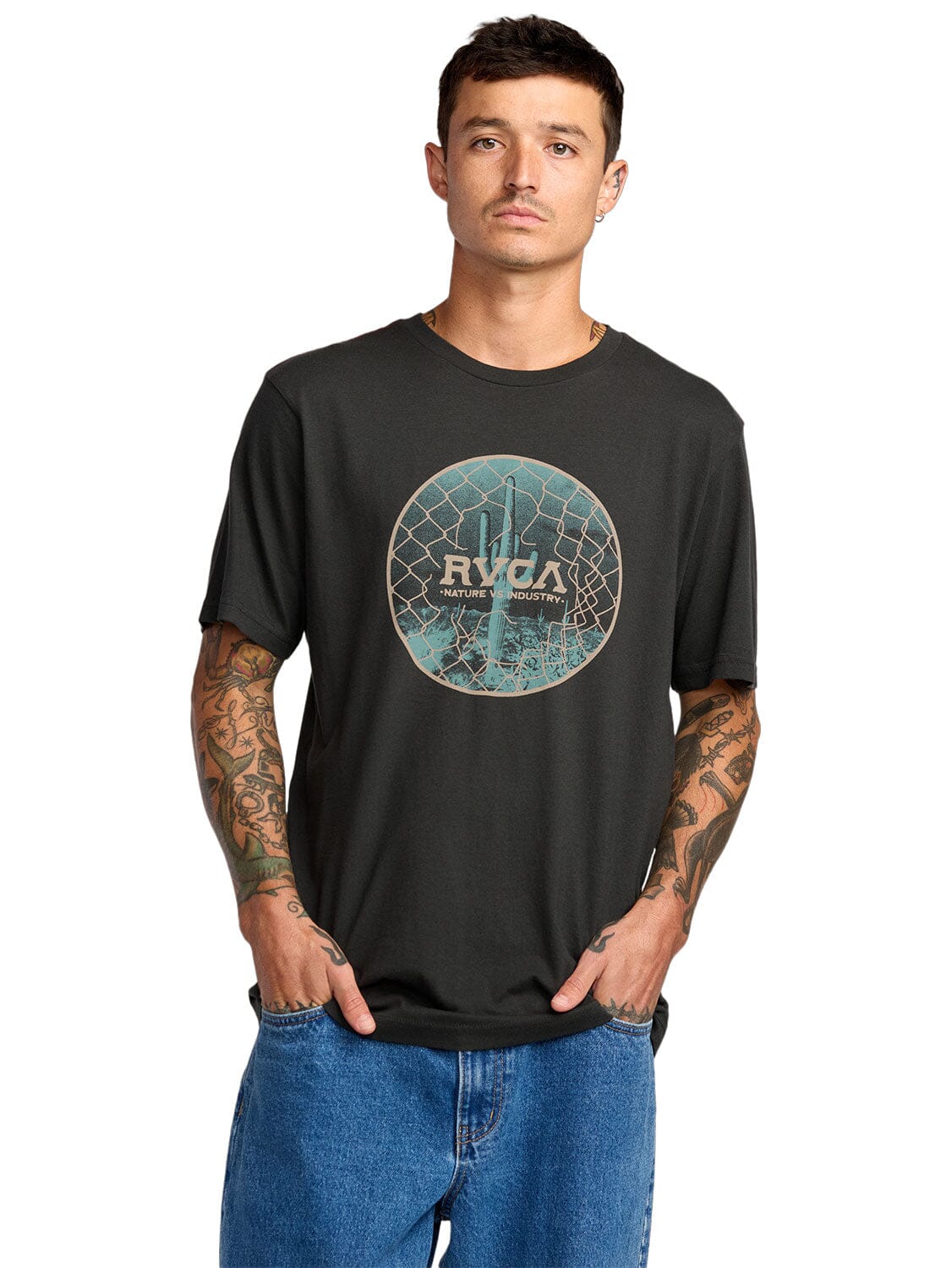 Rvca Mens Tresspas Red Stitch Short Sleeve Tee Pirate Black | Rvca