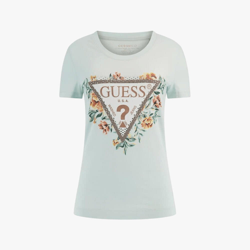 Guess Womens Flower Logo Short Sleeve Tee Light Blue | Guess