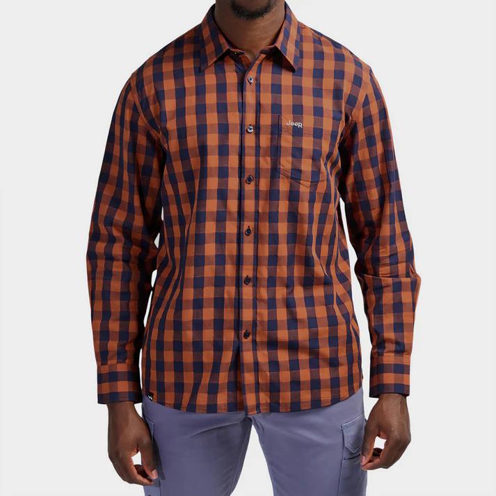 Jeep Mens Yd Check Long Sleeve Shirt Navy Rust Jeep
