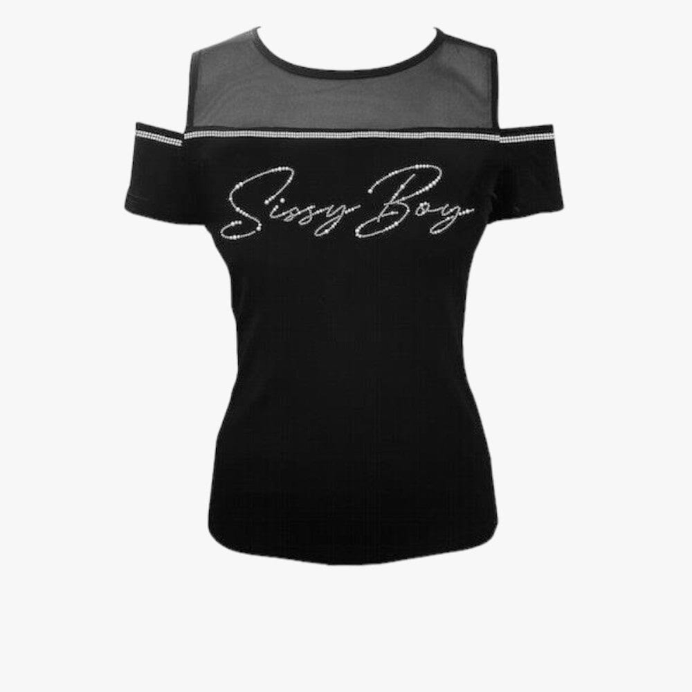 Sissy Boy Fashion Mesh Cold Shoulder Short Sleeve Top Black | Sissy Boy