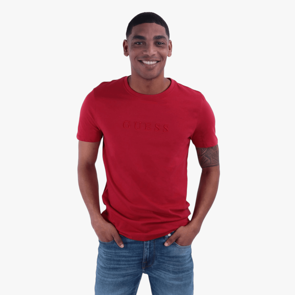 Guess Mens Ess Pima Logo Crew Short Sleeve Tee Red | Guess