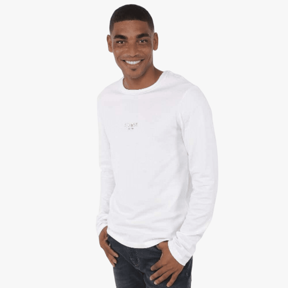Guess Mens Aidy Crew Neck Long Sleeve Tee White | Guess