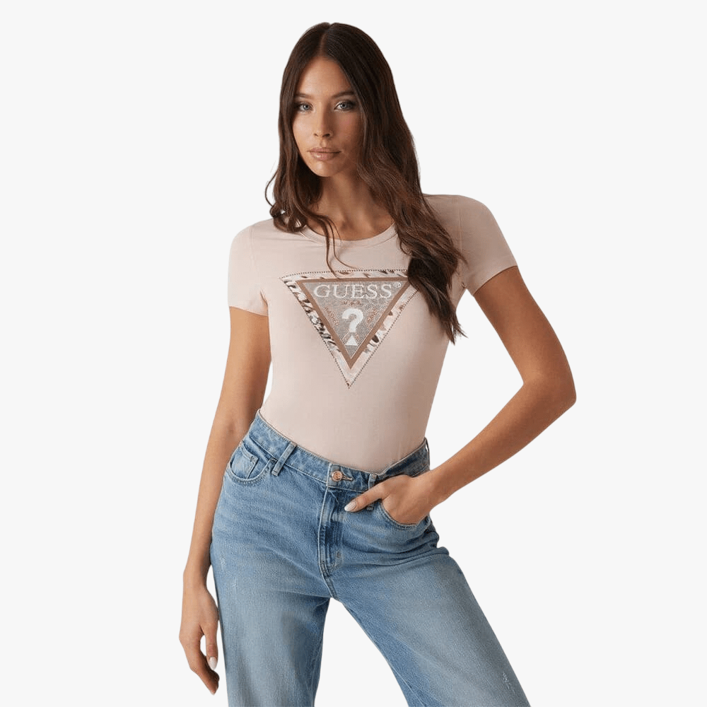 Guess Womens Cheeta Logo Triangle Short Sleeve Tee Rose | Guess