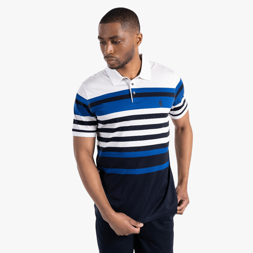 Pringle Mens Slim Fit Double Mercerised Short Sleeve Golfer White Stripe | Pringle