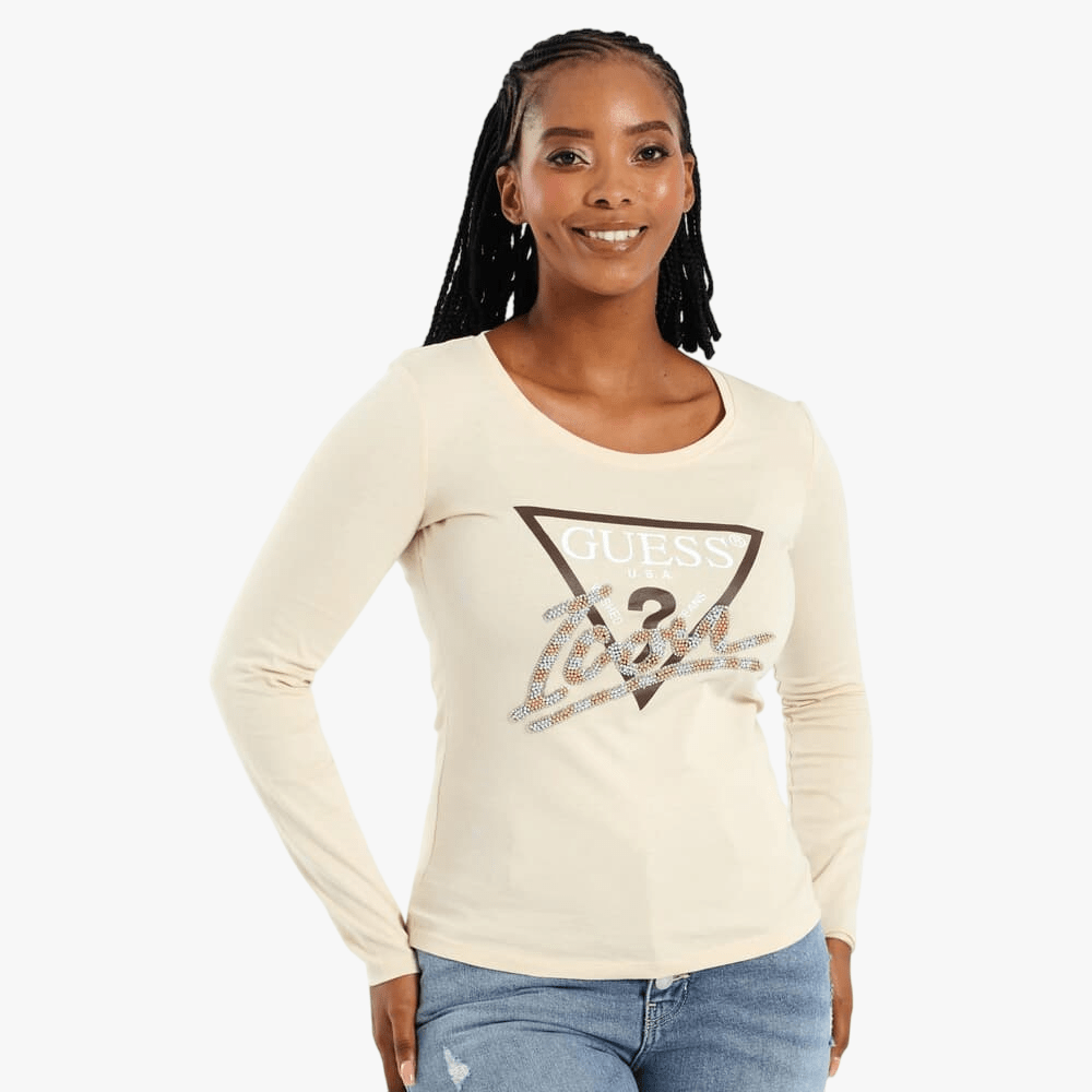 Guess Womens Icon Long Sleeve Tee Cream | Guess