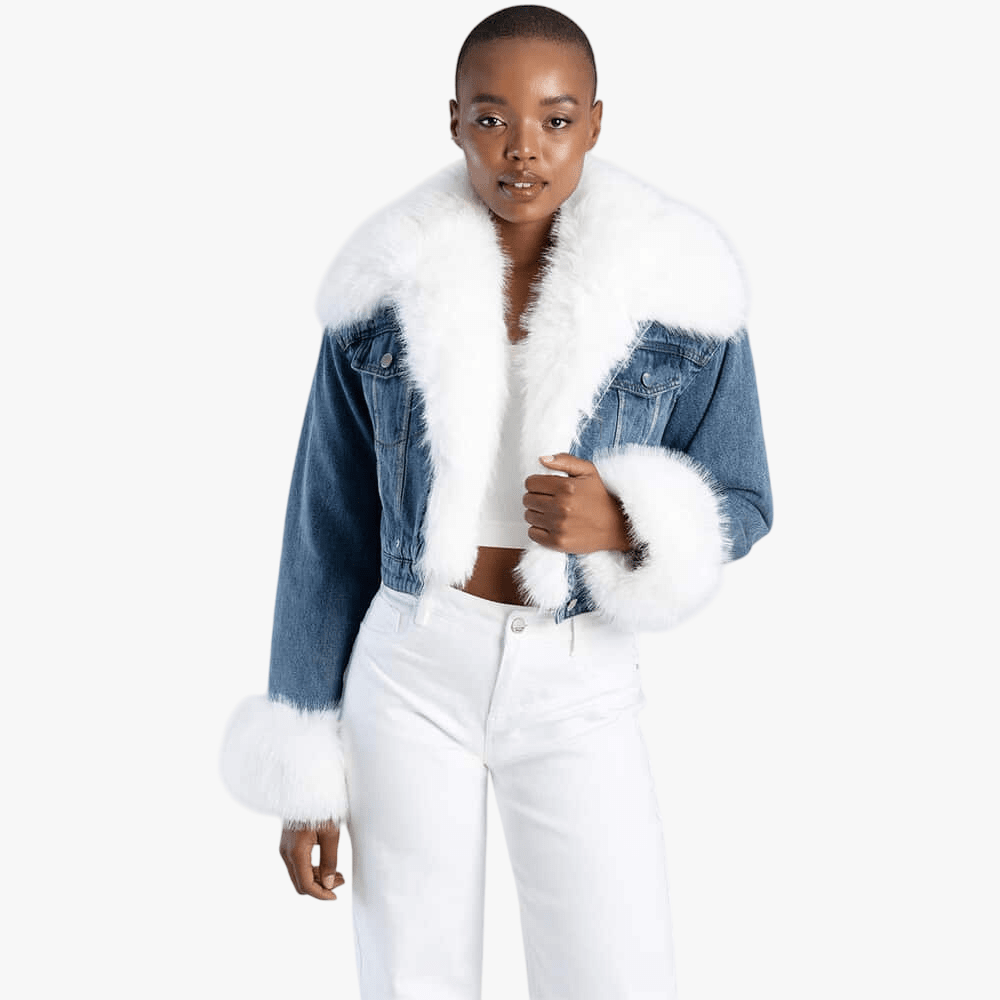 Sissy Boy Womens Denim Cropped Jacket Faux Fur Collar Cuff Blue | Sissy Boy