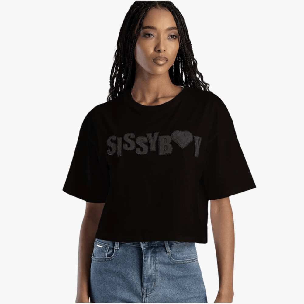 Sissy Boy Womens Call Me Yours Boxy Oversized Top Texture Logo Black | Sissy Boy