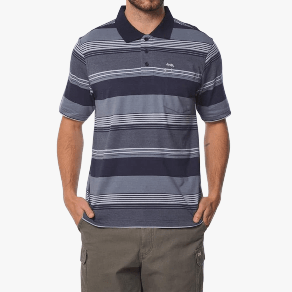Jeep Mens Yd Stripe Short Sleeve Golfer Navy | Jeep