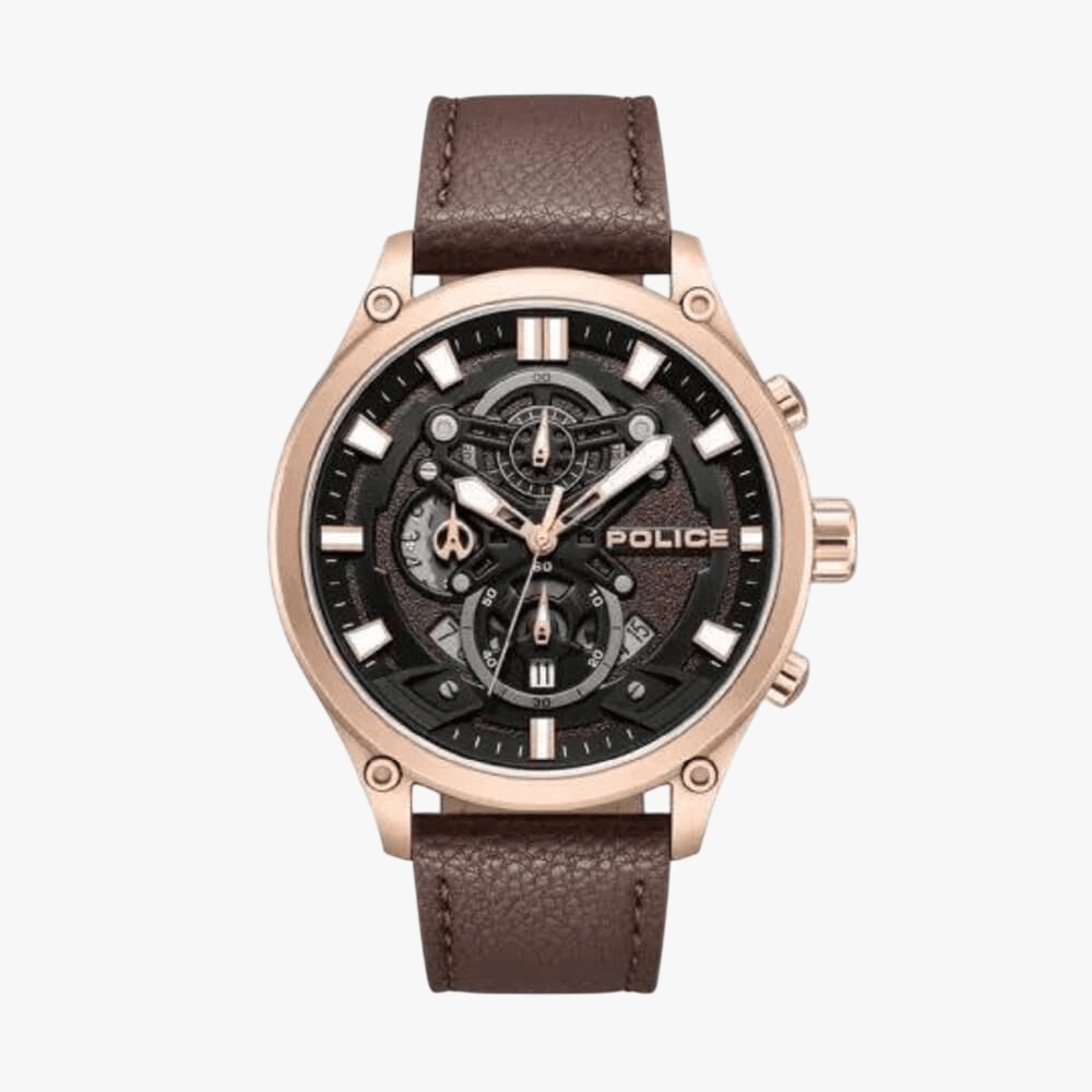 Police Wadden Rose Gold Case Black Dial Leather Strap Watch | Police