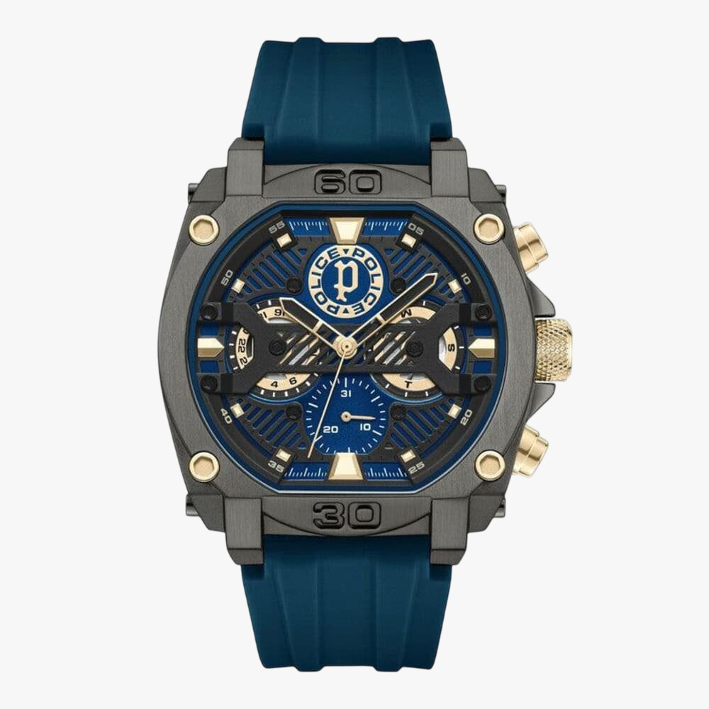 Police Mens Norwood Gun Metal Case Watch Blue Silicon Strap
