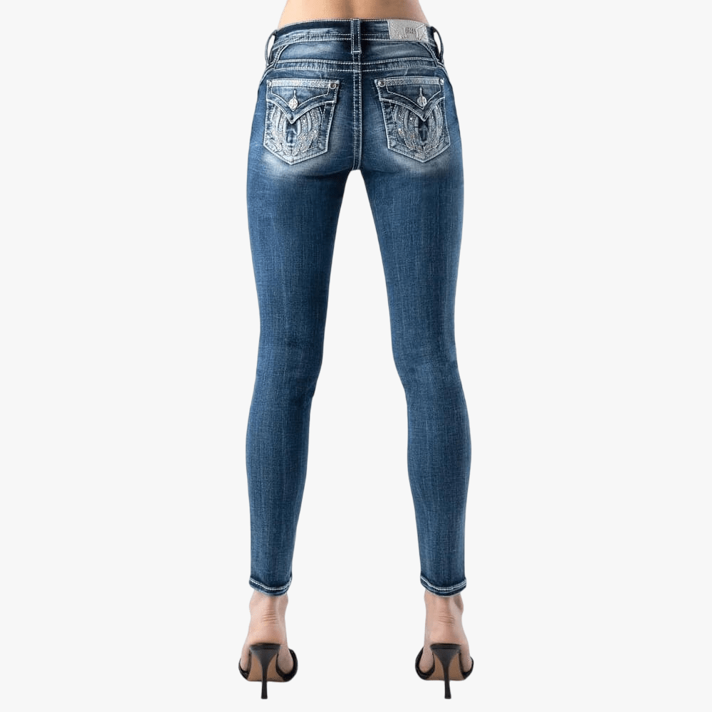 Miss Me Womens Aztec Pearl Downward Wings Mid Rise Skinny Jean Med Wash | Miss Me