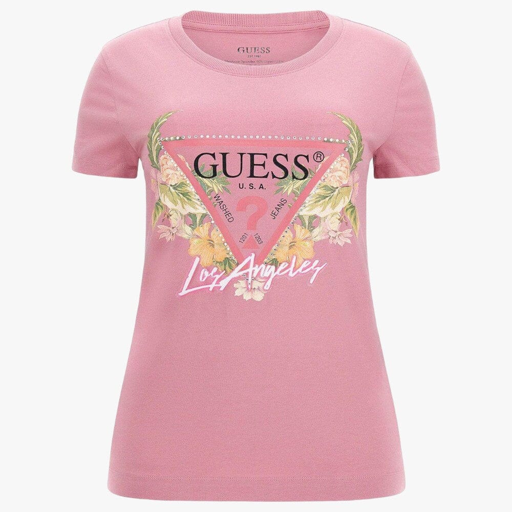 Guess Womens Triangle Flower Short Sleeve Tee Pink | Guess