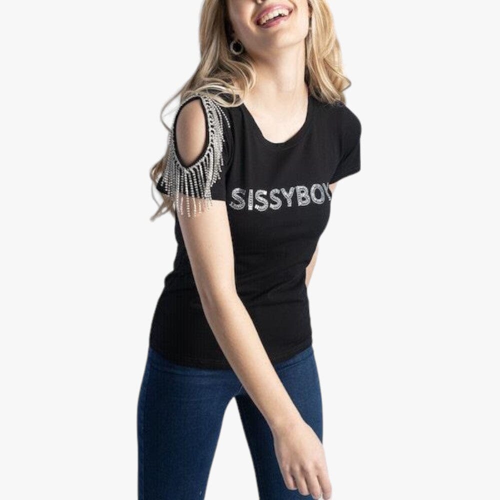 Sissy Boy Womens Regular Fit Logo Short Sleeve Top Asymmetric Shoulder Bling Tassels Black | Sissy Boy