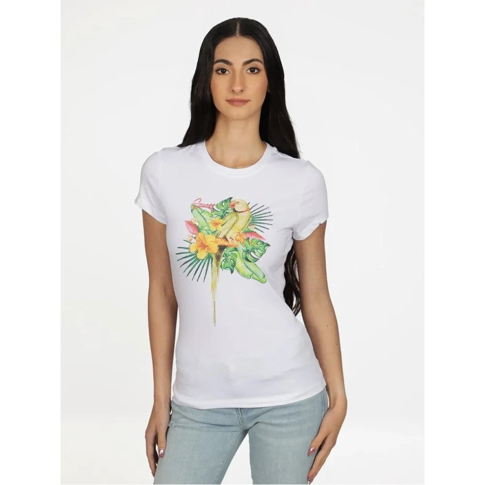 Guess Womens Parrot Rhinestone Tee White