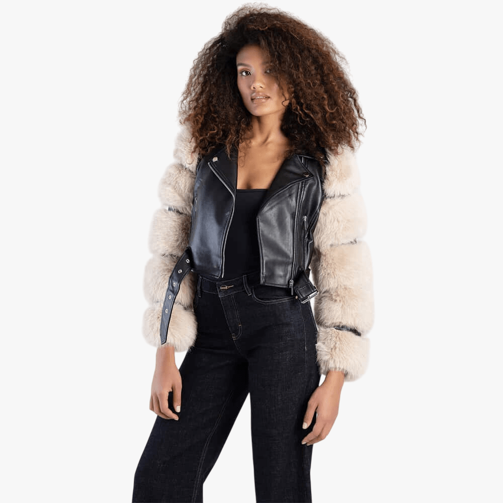 Sissy Boy Womens Faux Leather Biker Jacket Faux Fur Sleeve Black Stone | Sissy Boy