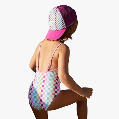 Roxy Girls Rainbow Check One Pc Swim Suit Pink Roxy