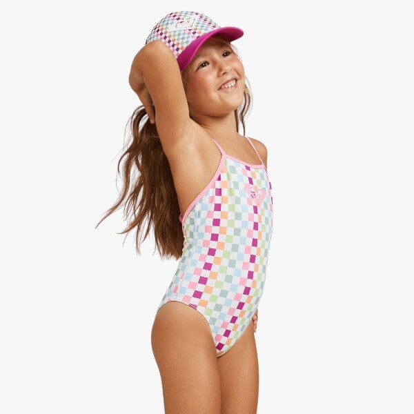 Roxy Girls Rainbow Check One Pc Swim Suit Pink Roxy