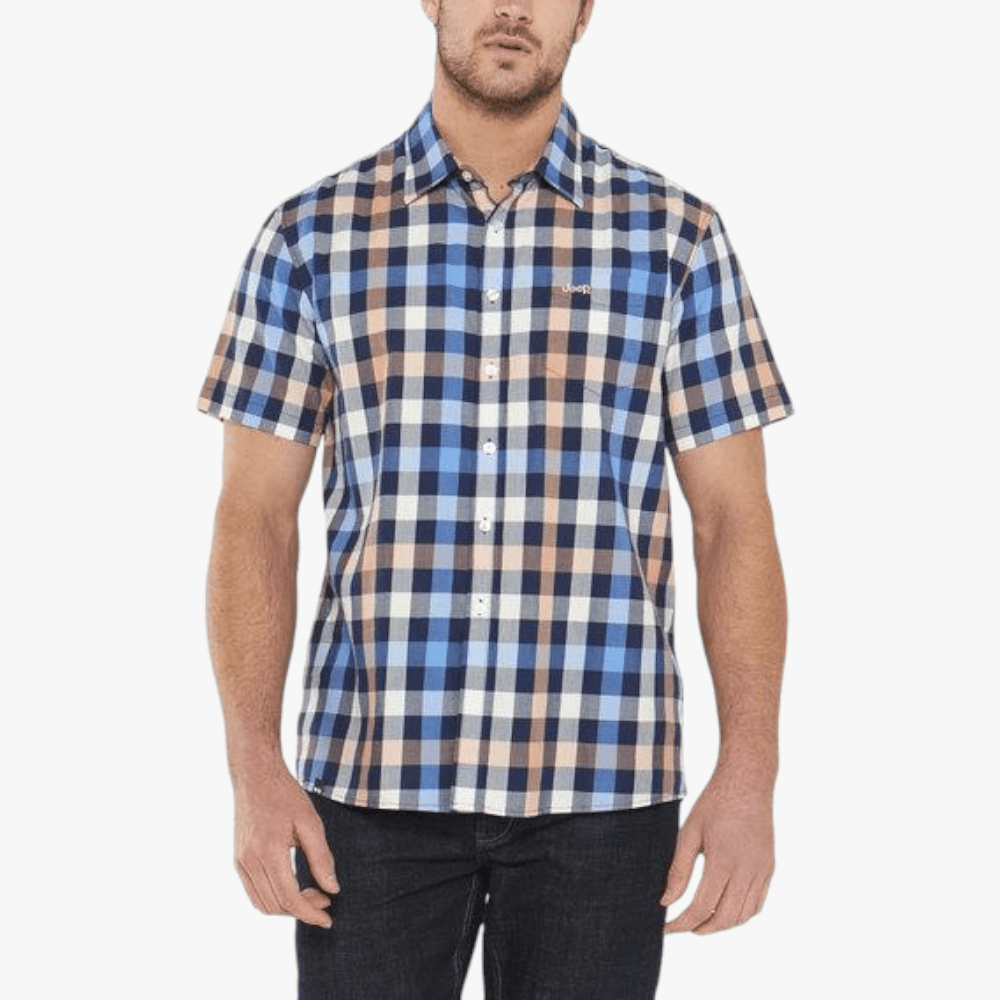 Jeep Mens Casual Check Short Sleeve Shirt Blue Buff Orange | Jeep