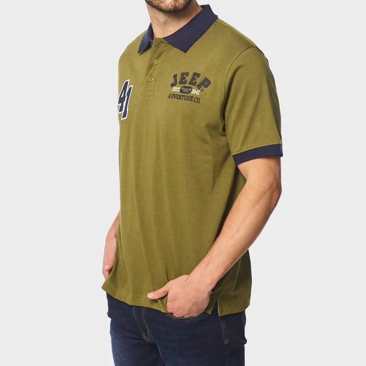 Jeep Mens Applique Short Sleeve Golfer Olive | Jeep