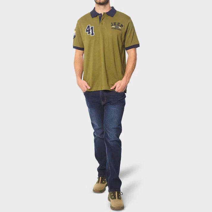 Jeep Mens Applique Short Sleeve Golfer Olive | Jeep