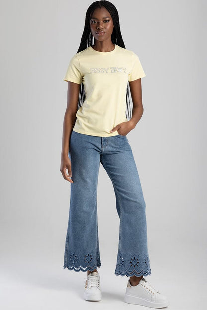 Sissy Boy Womens Flower Embroid Bling Logo Tee Pale Yellow | Sissy Boy