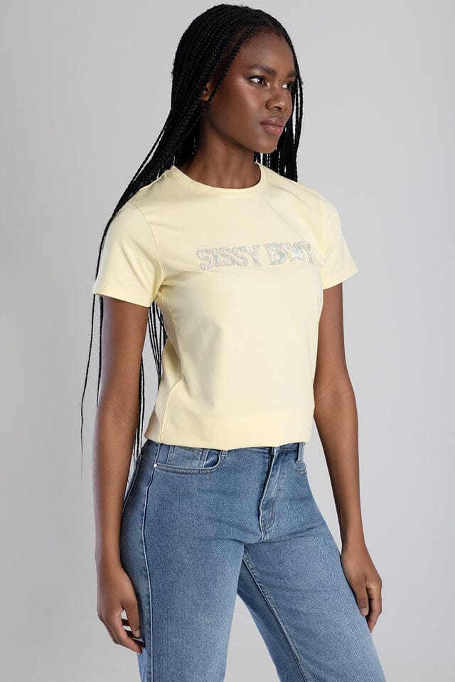 Sissy Boy Womens Flower Embroid Bling Logo Tee Pale Yellow | Sissy Boy