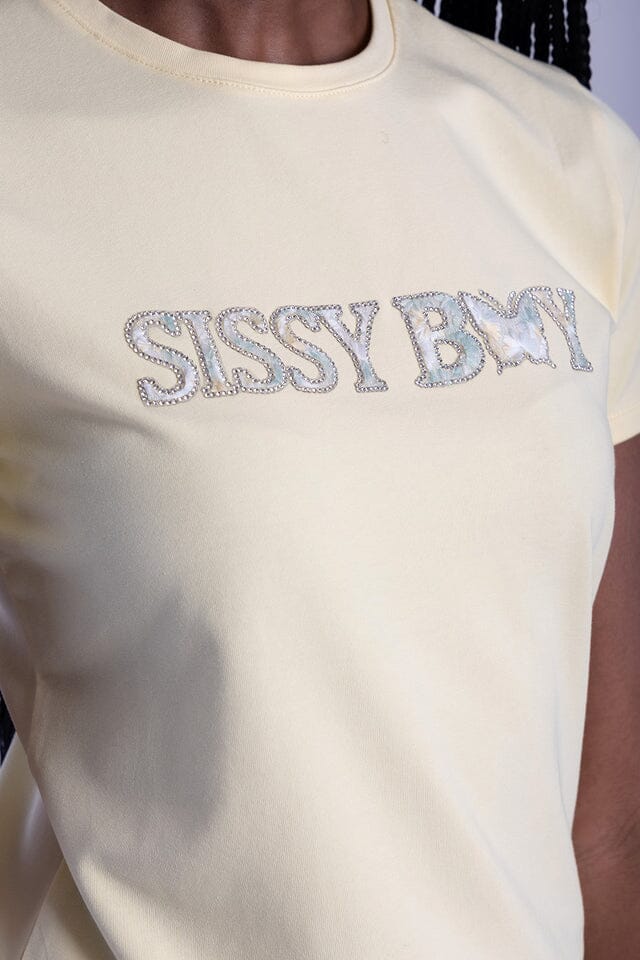 Sissy Boy Womens Flower Embroid Bling Logo Tee Pale Yellow | Sissy Boy