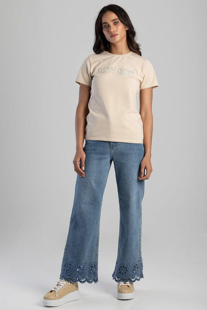 Sissy Boy Flower Embroid Bling Logo Short Sleeve Tee Stone | Sissy Boy