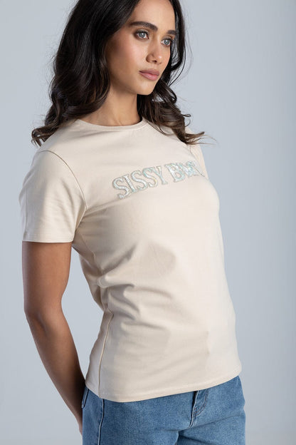 Sissy Boy Flower Embroid Bling Logo Short Sleeve Tee Stone | Sissy Boy