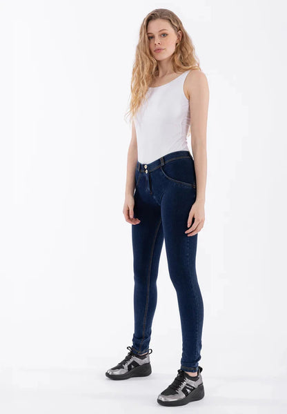FREDDY WOMENS DARK BLUE YELLOW STITCH REGULAR WAIST LONG LENGTH JEAN | Freddy