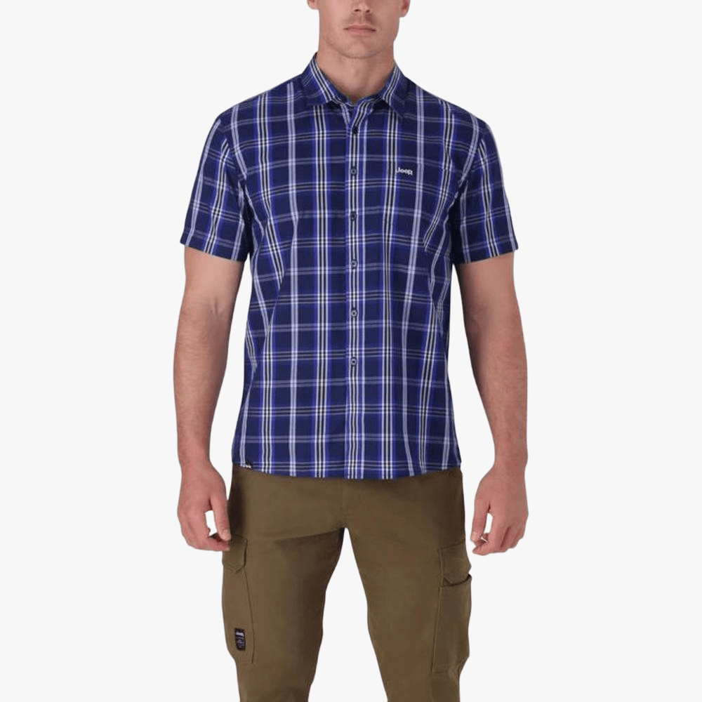 Jeep Mens Casual Yd Check Short Sleeve Shirt Navy Sky | Jeep