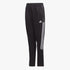 Adidas Boys Track Pants in black with white three-stripe design and mesh details, shown standing upright.