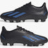 Two black and blue adidas Deportivo Ii Fxg soccer cleats in a side view, featuring blue stripes and stud sole.