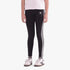 Black Adidas Girls 3S Leggings with three white stripes down the legs, worn by a girl, paired with white sneakers and