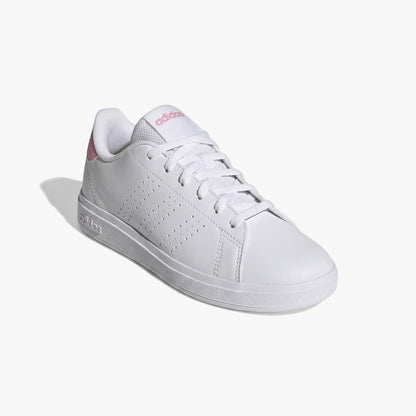 White and pink Adidas Girls Advantage Base 2.0 J sneakers with perforated stripes, shown in a side view.