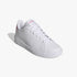White and pink Adidas Girls Advantage Base 2.0 J sneakers with perforated stripes, shown in a side view.