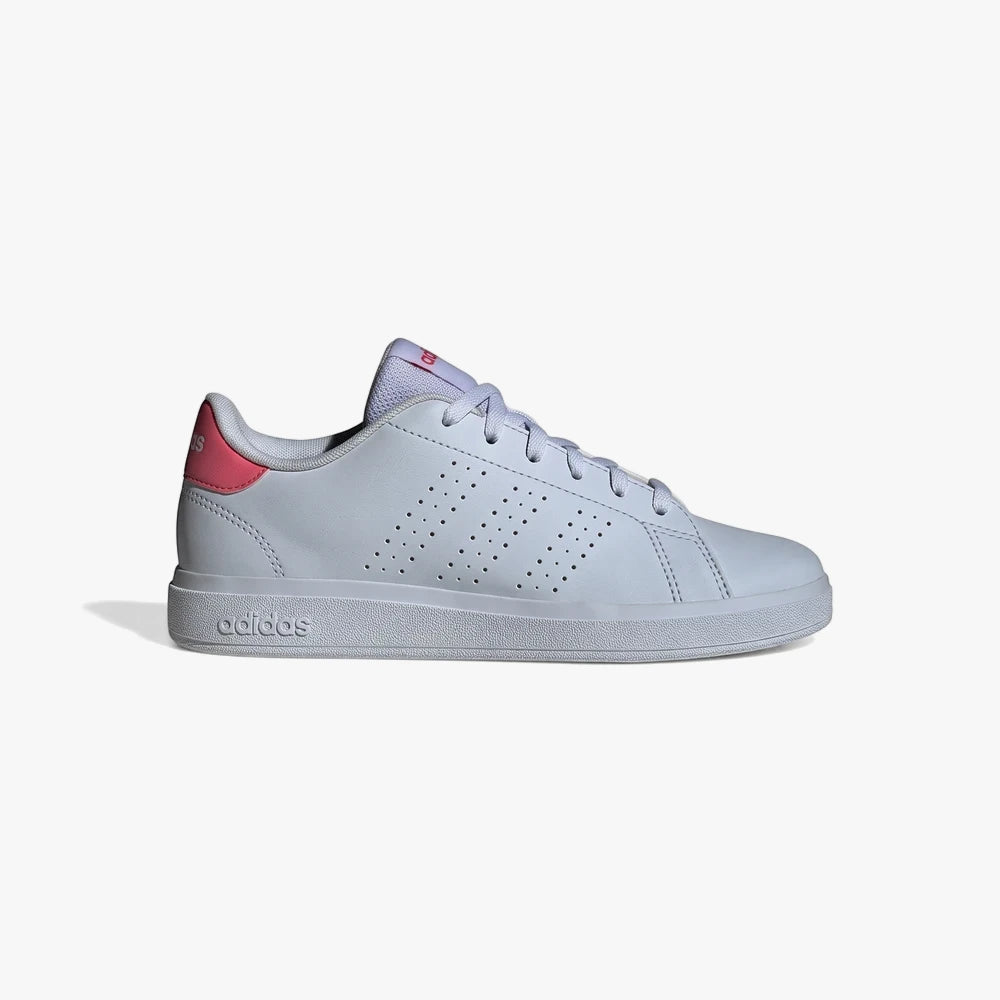 Adidas Girls Advantage Base 2.0 J Sneaker in white with pink heel accent, side view.