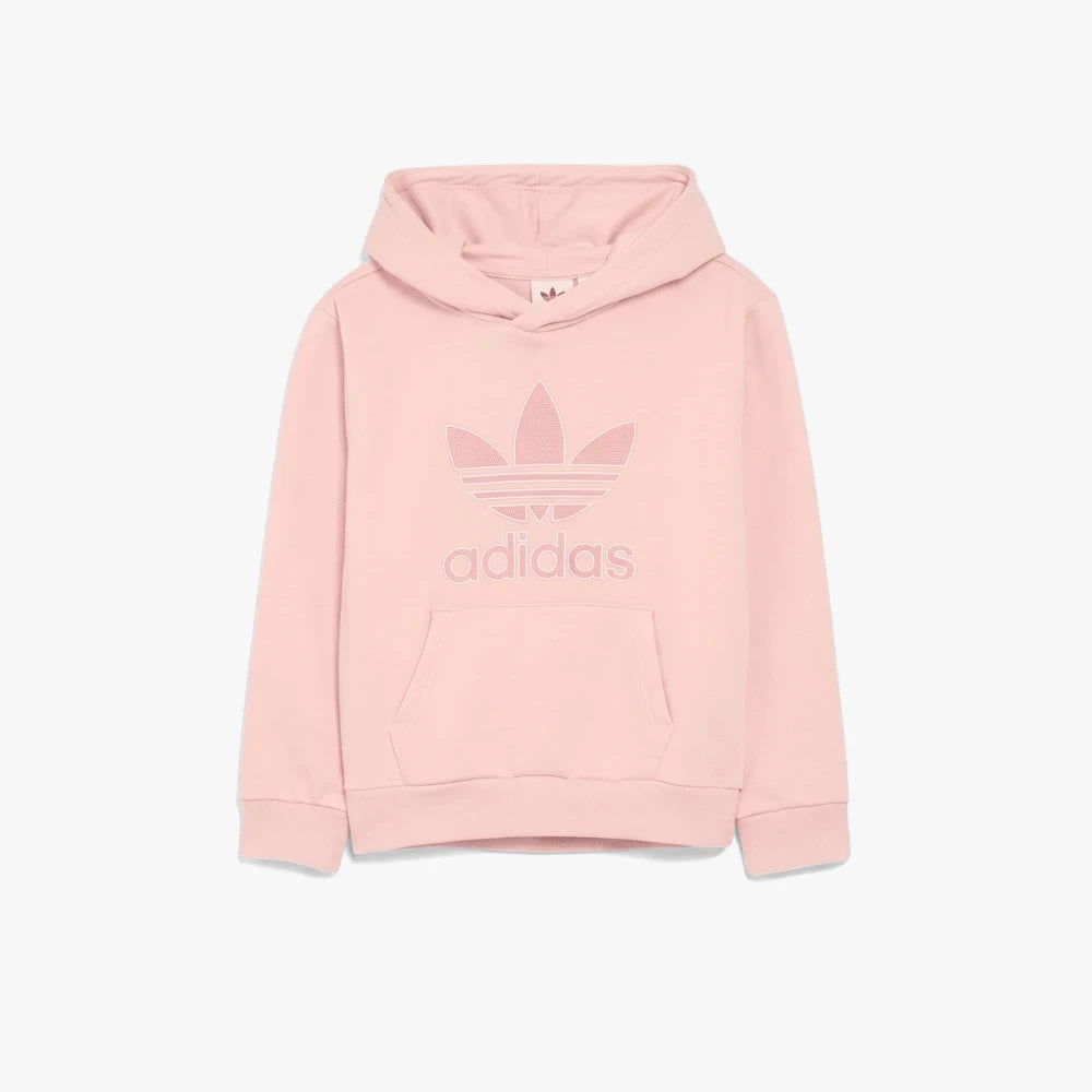 Adidas Girls Tref Hoody in hazel pink, a pullover hoodie featuring a front kangaroo pocket and the iconic Adidas Trefoil