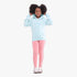 Young girl wearing a light blue Adidas Tref Hoody Semi Flash Aqua with pink Adidas leggings, captured in a full body studio