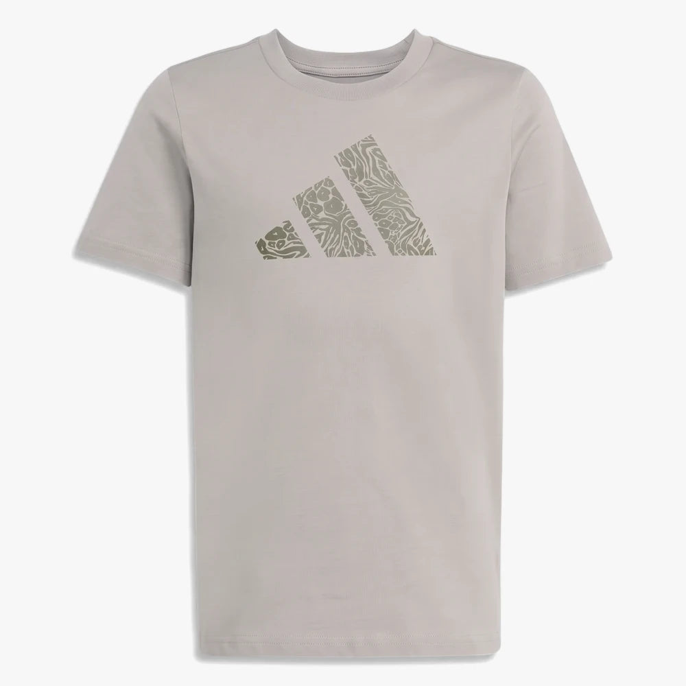 Adidas Kids Future Icons Graphic Tee in pebble gray, featuring a large textured three-stripe logo on the chest, flat-laid.