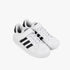 A pair of Adidas Kids Grand Court 2.0 El Sneakers in white with black stripes and velcro straps, viewed from a slightly