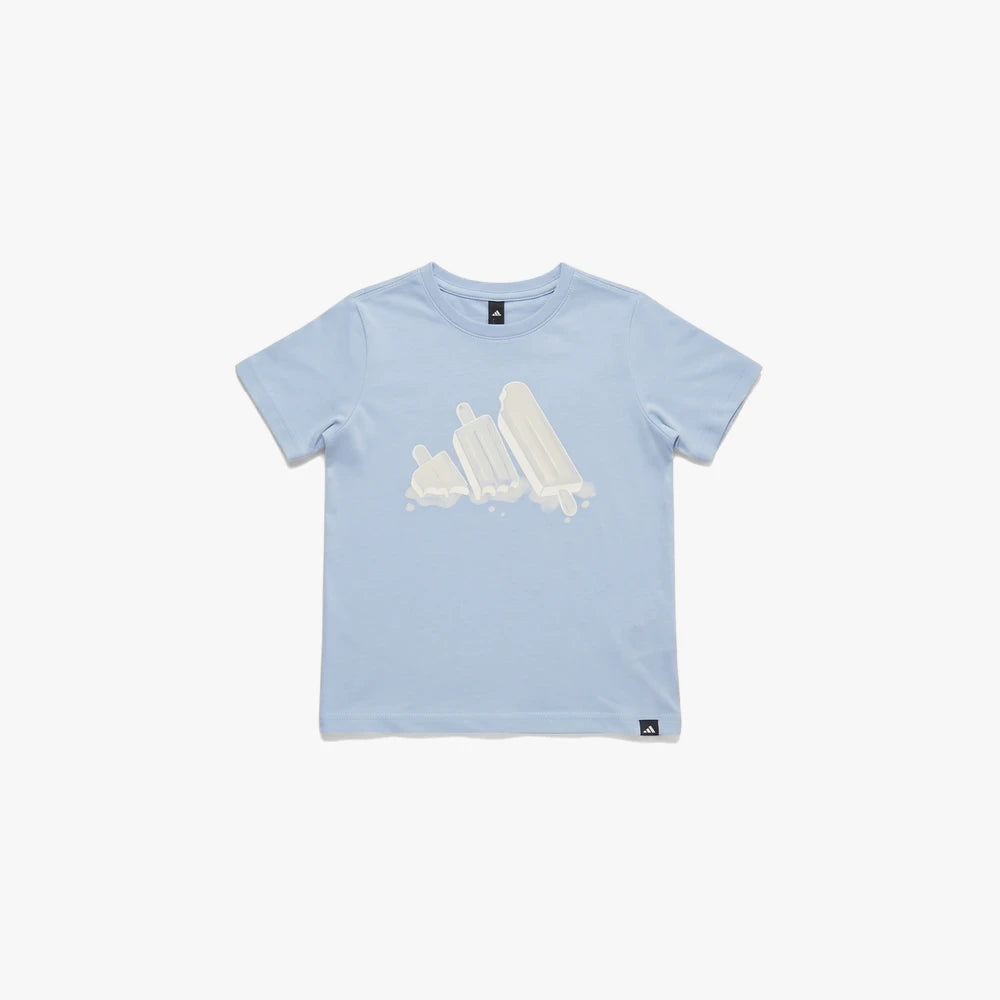 Light blue Adidas Kids Ice short sleeve t-shirt with a unique melting popsicle graphic on the front, displayed flat.