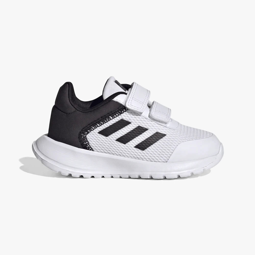 Adidas Kids Tensaur Run 2.0 Sneaker in white and black, side view, featuring a mesh upper and two velcro straps.