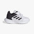 Adidas Kids Tensaur Run 2.0 Sneaker in white and black, side view, featuring a mesh upper and two velcro straps.