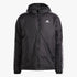 Adidas Mens Ess 3S Insulated Jacket in black, featuring a full-zip front, hood, and white shoulder stripes.