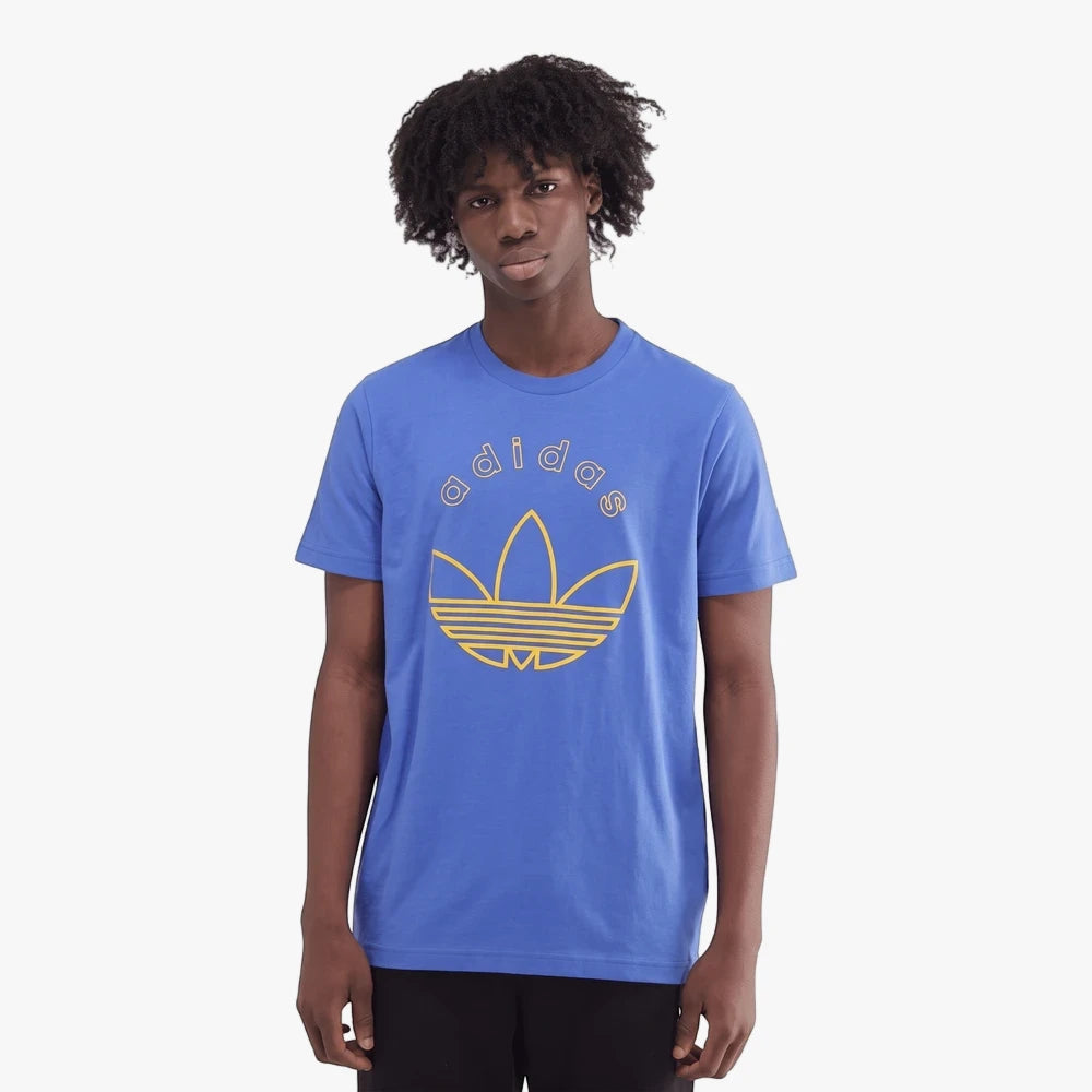 Adidas Mens Graphic Short Sleeve Tee in blue, featuring a yellow outlined Adidas Trefoil logo and text, worn by a model.
