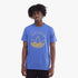 Adidas Mens Graphic Short Sleeve Tee in blue, featuring a yellow outlined Adidas Trefoil logo and text, worn by a model.