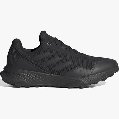 Adidas Mens Tracefinder Trail Sneaker in black, featuring a mesh upper, three stripes logo, and durable lugged outsole,